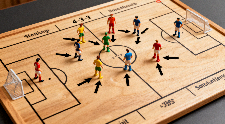 足球战术板上摆放的球员棋子与阵型示意图